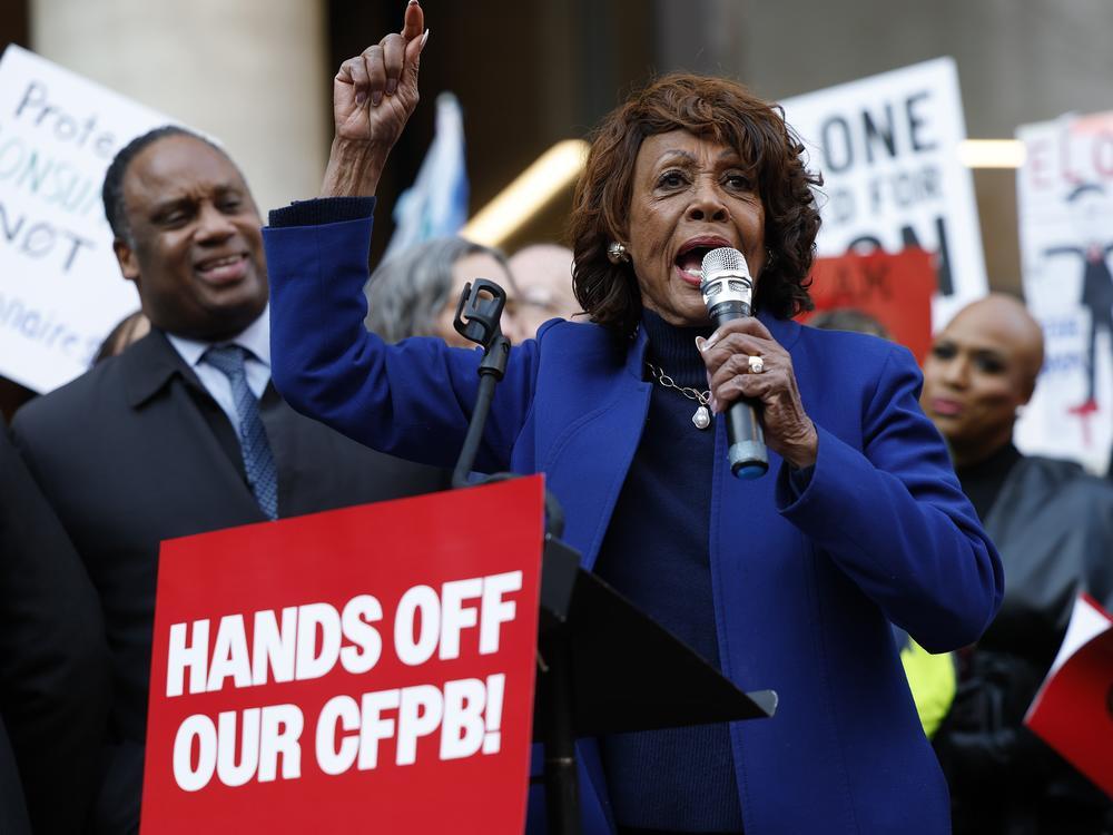 Rep. Maxine Waters, D-Calif., speaks at a rally outside the CFPB on Feb. 10, 2025 in Washington, D.C.