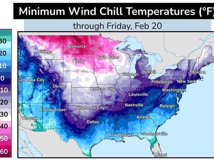 A National Weather Service graphic shows the minimum wind chill temperatures expected across the U.S. this week as multiple states brace for a blast of cold air.