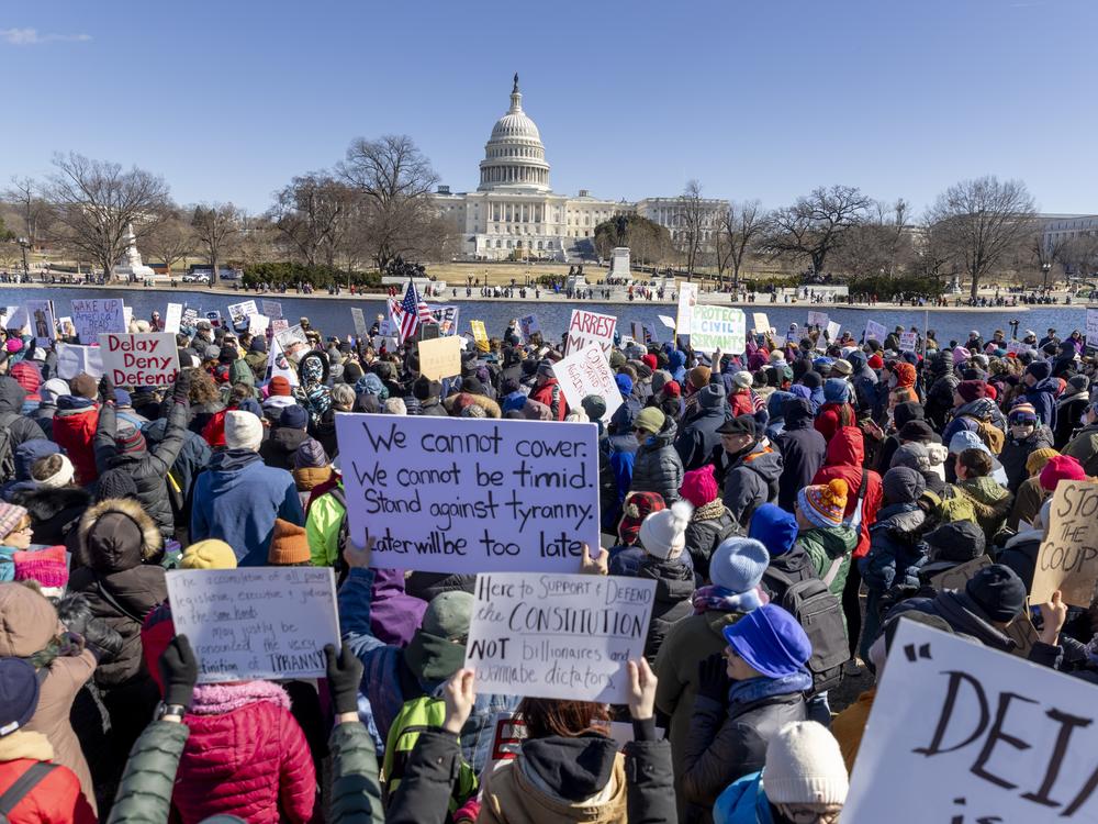 Thousands of people demonstrated at the Presidents Day protest against President Donald Trump and Elon Musk at the U.S. Capitol on Monday in Washington, D.C.