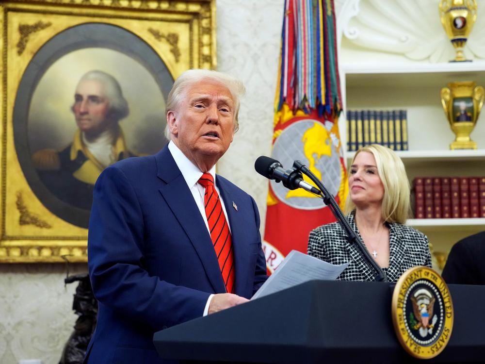 President Trump speaks alongside Attorney General Pam Bondi during her swearing-in ceremony at the White House on Feb. 5.