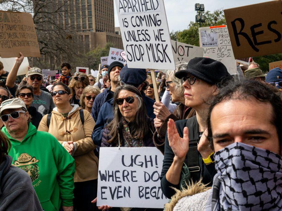 People gather in protest against U.S. President Donald Trump during the 