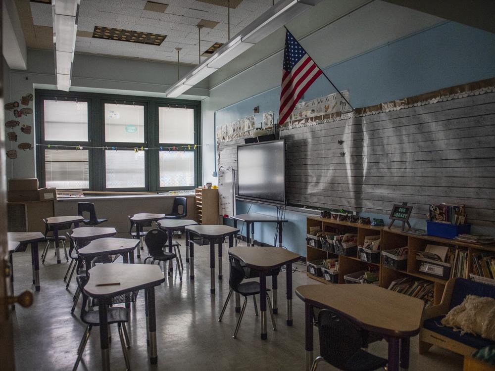 An empty elementary school classroom is seen on Tuesday, Aug. 17, 2021 in the Bronx borough of New York.