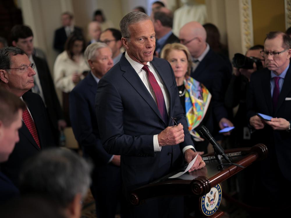 U.S. Senate Majority Leader John Thune, R-S.D., delivers remarks following the weekly policy luncheon at the U.S. Capitol on Feb. 11, 2025.