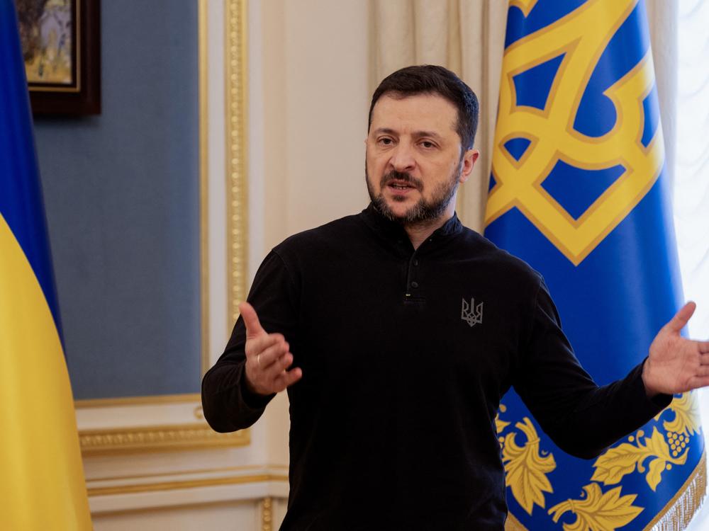 Ukraine's President Volodymyr Zelenskyy speaks to reporters in Kyiv on Wednesday.
