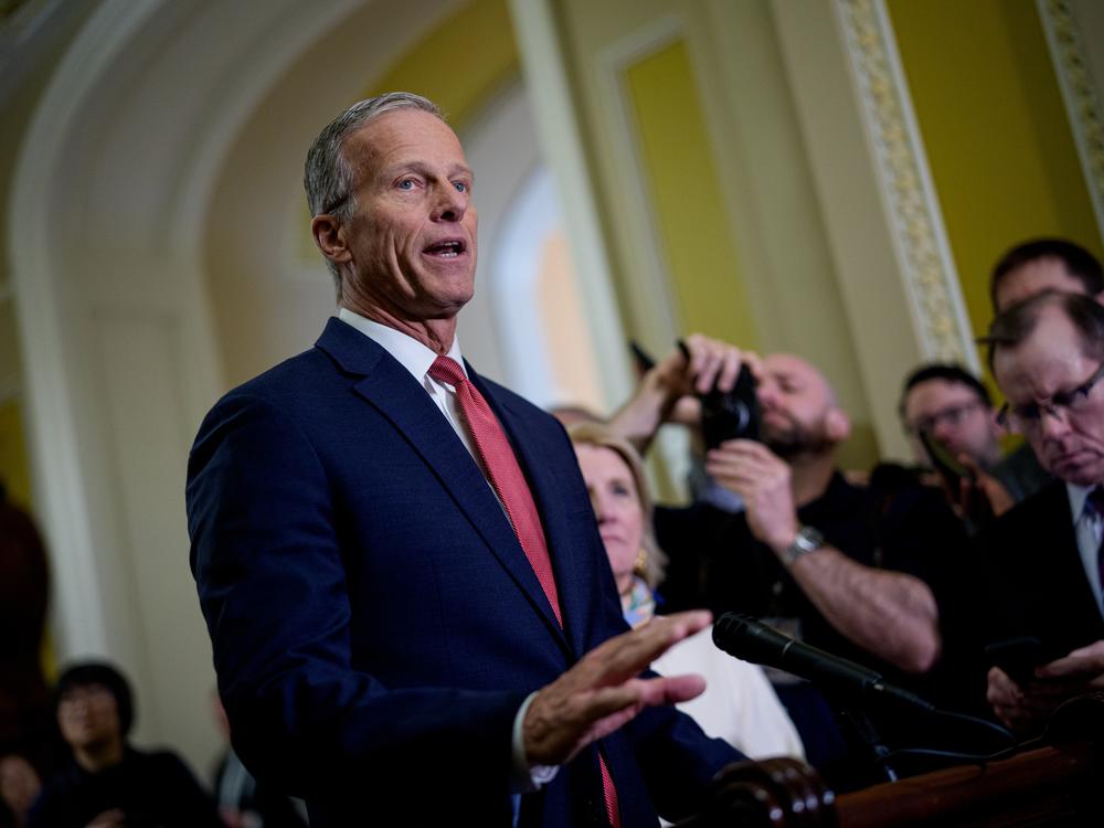 Senate Majority Leader John Thune, R-S.D., speaks to reporters at the U.S. Capitol on Wednesday. Thune spoke about the war in Ukraine, saying it was worth giving both sides 