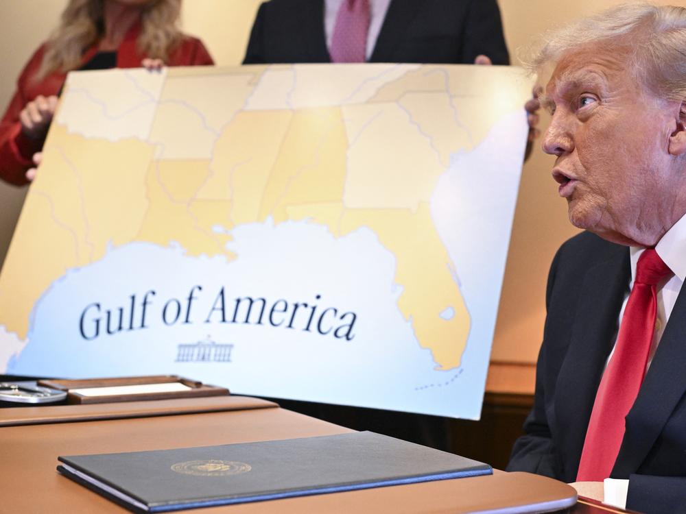 President Trump speaks to the press after signing a proclamation renaming the Gulf of Mexico as the Gulf of America aboard Air Force One, as it flies over the Gulf enroute to New Orleans, Louisiana on February 09, 2025.