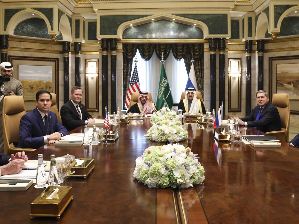 From left, U.S. Middle East envoy Steve Witkoff, Secretary of State Marco Rubio, National Security Advisor Mike Waltz, Saudi Arabia's Foreign Minister Prince Faisal bin Farhan al-Saud, National Security Advisor Mosaad bin Mohammad al-Aiban, the Russian president's foreign policy advisor Yuri Ushakov, and Russia's Foreign Minister Sergei Lavrov meet in Saudi Arabia on Tuesday. Not invited: anyone from Ukraine.