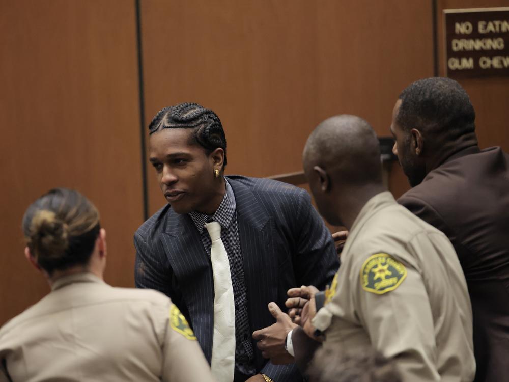Rakim Mayers, aka A$AP Rocky, reacts in court as the verdict is given in his felony assault trial in Los Angeles on Feb. 18. The rapper  was found not guilty of two felony counts of assault with a semiautomatic firearm.