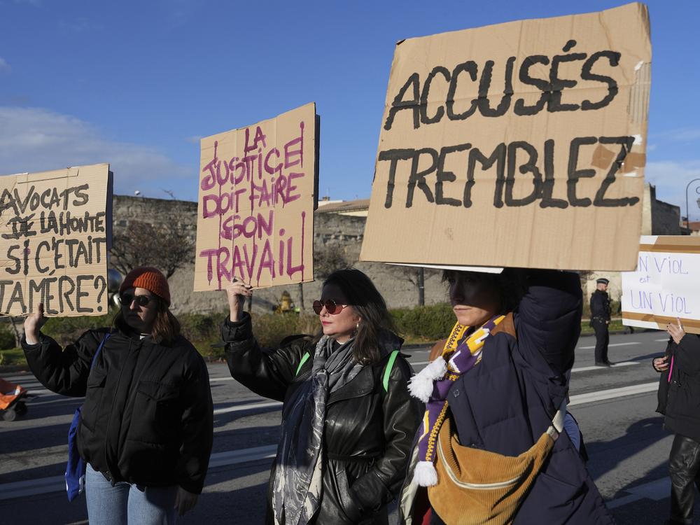 Activists hold posters during a women's rights demonstration, Dec. 14, 2024 in Avignon, southern France, where the trial of dozens of men accused of raping Gisèle Pelicot while she was drugged and rendered unconscious by her husband is taking place.