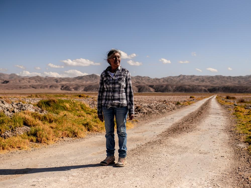 Sara Plaza (72) member of the indiginous community of Peine, stands in Tilopozo, a former wetland, that according to Peine inhabitants, dried because of the water extraction by Lithium companies. Saturday 13th of April, 2024. Antofagasta, Chile.