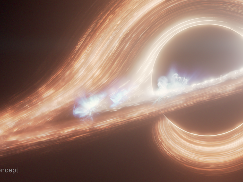 This artist's concept shows Sagittarius A*, a supermassive black hole at the center of the Milky Way galaxy, surrounded by a swirling accretion disk of hot gas. Flaring hot spots that resemble solar flares are seen in the disk. <br>
