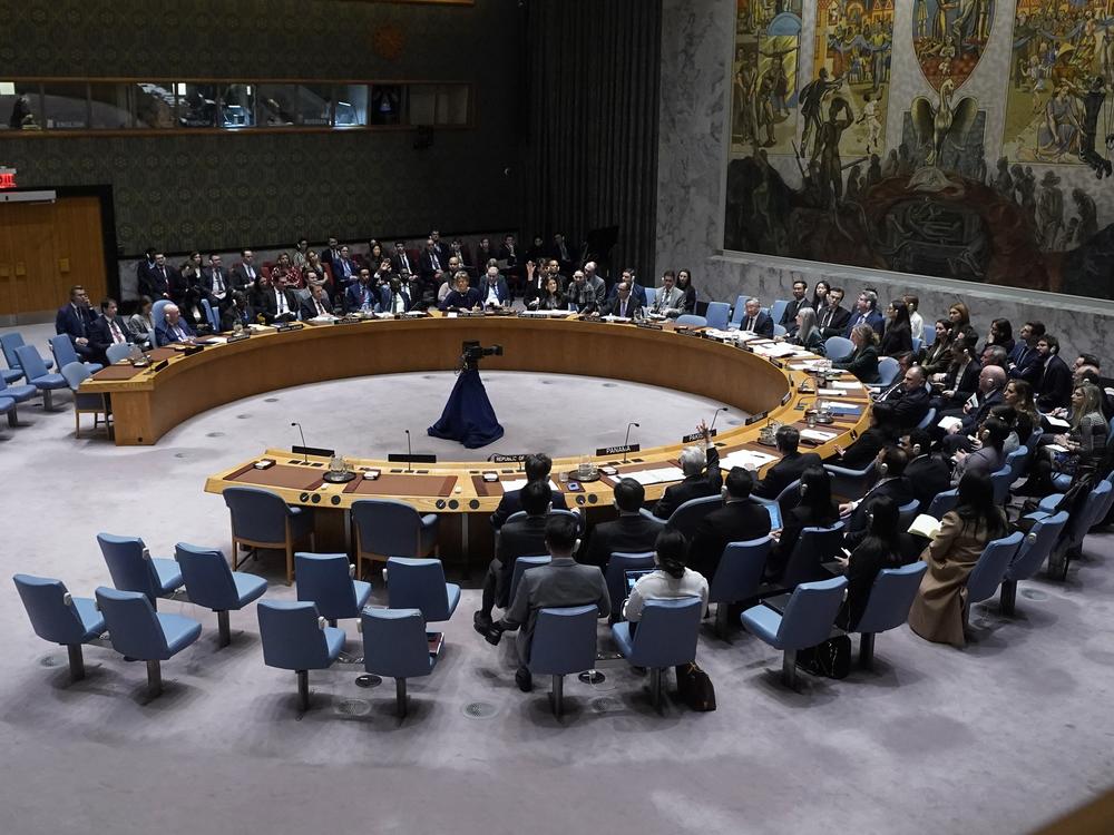 The UN Security Council votes, Monday, Feb. 24, 2025, at the United Nations headquarters.