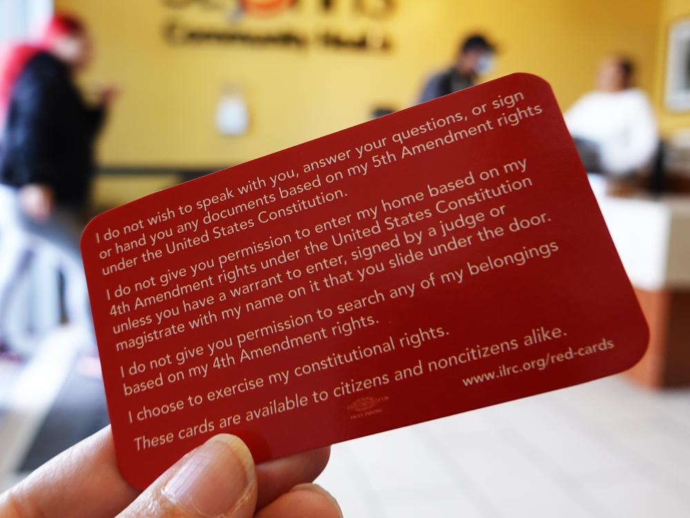 One of the few red cards that remained at a recent visit to the St. John's health clinic. The card provides sample statements for people interacting with federal immigration agents.