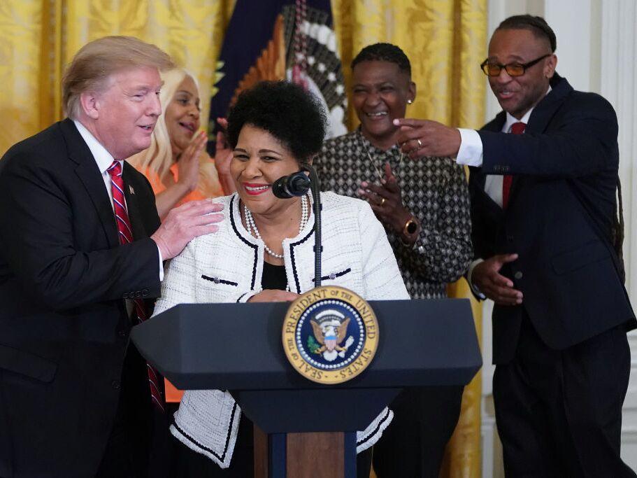 Alice Marie Johnson, who had her sentence commuted by President Donald Trump after she served 21 years in prison for cocaine trafficking, speaks during a celebration of the First Step Act in the East Room of the White House Apr. 1, 2019.