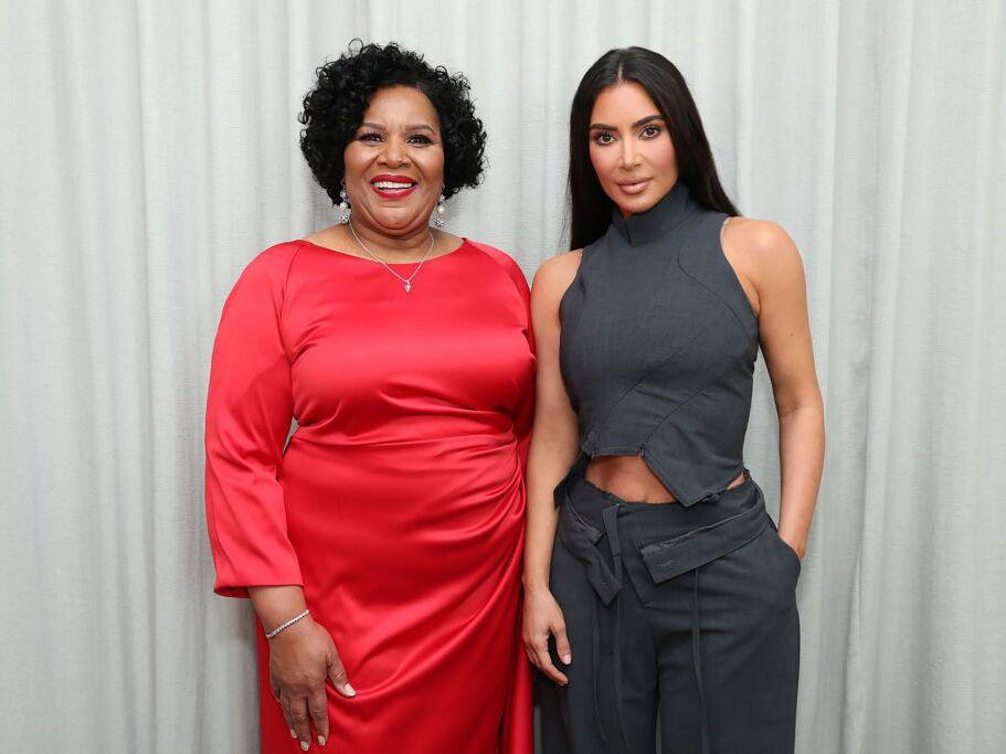 Alice Marie Johnson and Kim Kardashian attend an event celebrating Johnson's 5 years of freedom and honoring Kim Kardashian on Jun. 8, 2023 in Los Angeles, Calif.