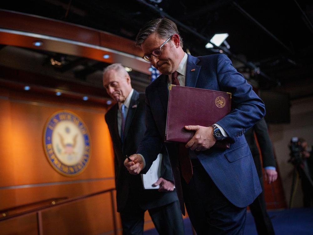 Speaker of the House Mike Johnson, R-La., (right) departs a news conference alongside House Majority Leader Steve Scalise, R-La., at the U.S. Capitol on Tuesday.