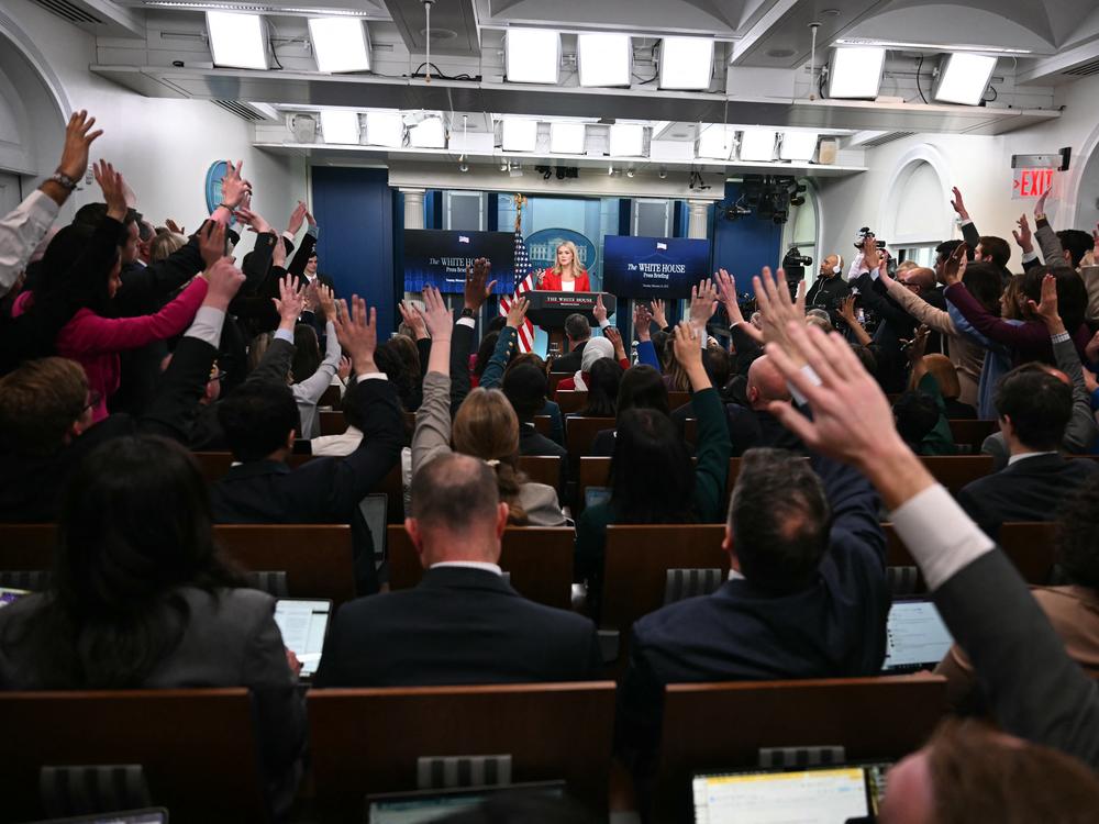 White House press secretary Karoline Leavitt takes questions during the daily briefing in the Brady Briefing Room of the White House on Feb. 25, 2025.