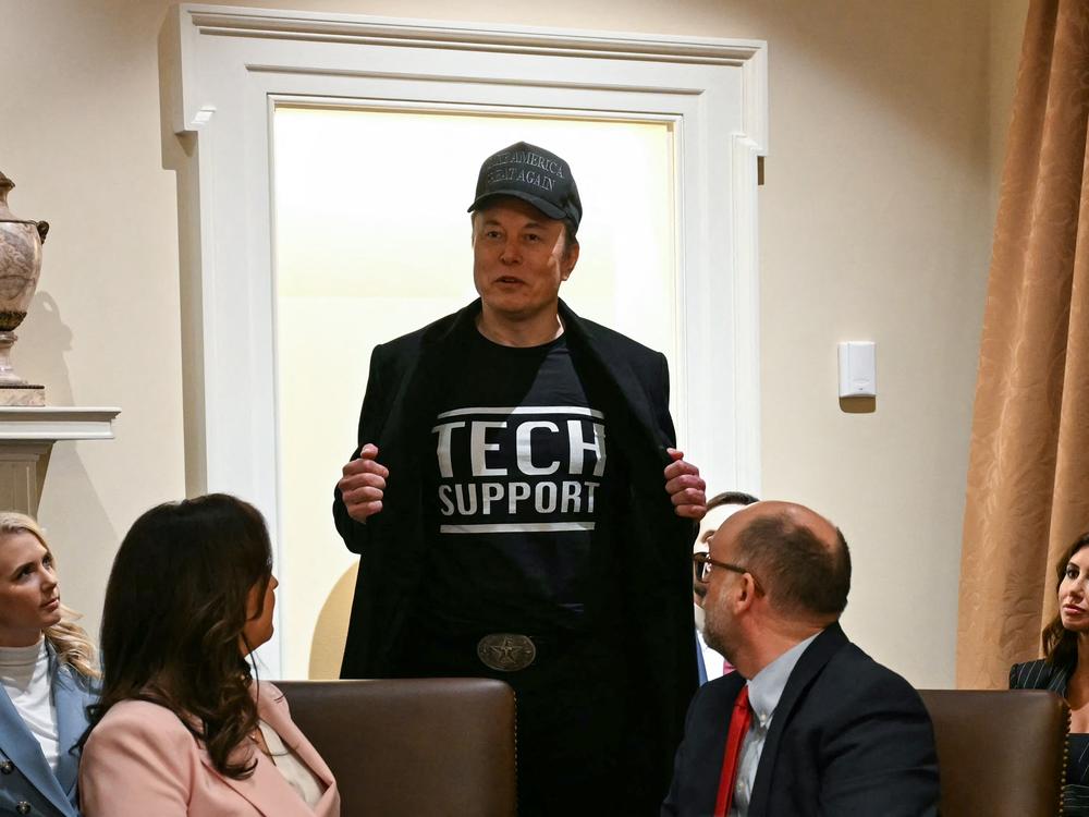 Leader of the Trump administration team called the Department of Government Efficiency, Elon Musk, wears a shirt that says 