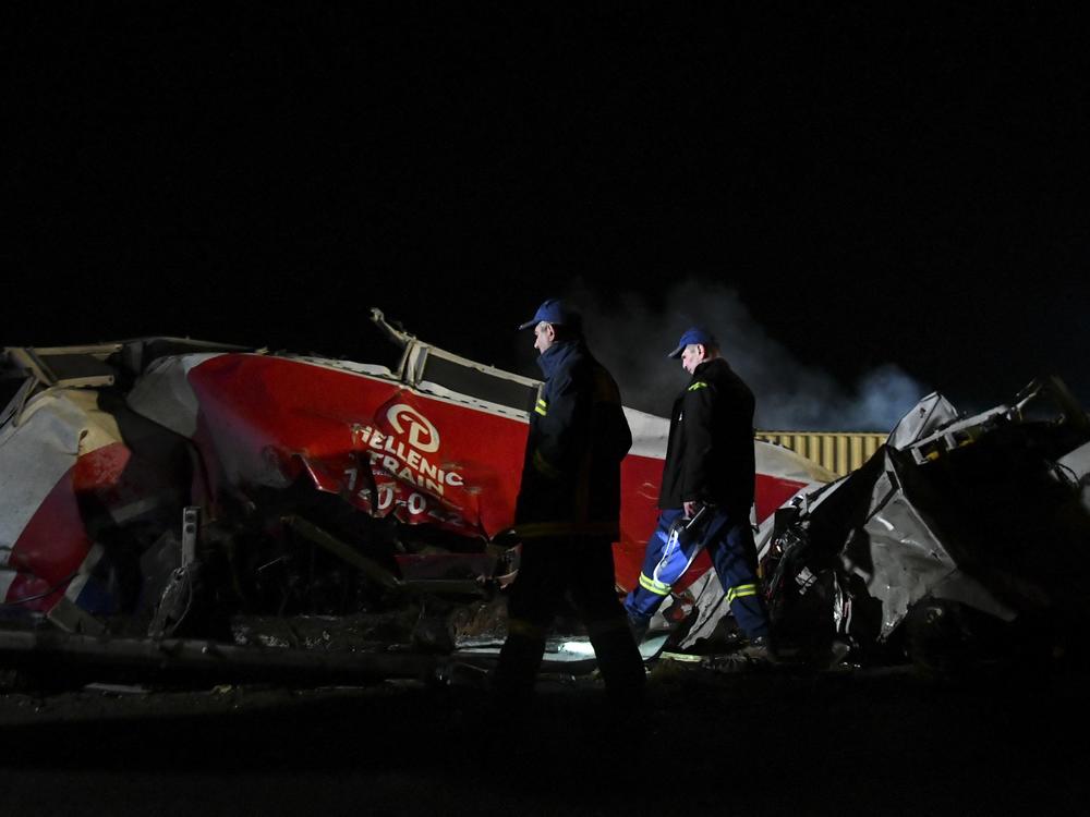 The scene of a rail accident involving a collision between a cargo and a passenger train in the Evangelismos area of Larissa, Greece, on March 1, 2023.