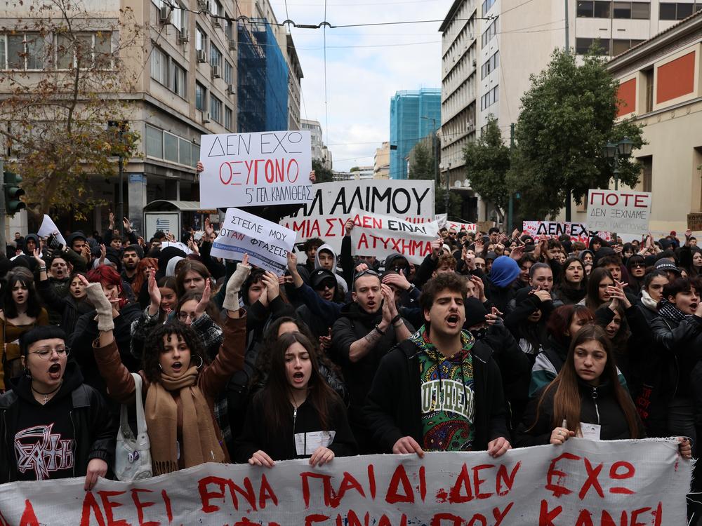 Students take part in protest in Athens against delays in an investigation into the Tempi train accident that killed 57 people in 2023, Feb. 7.