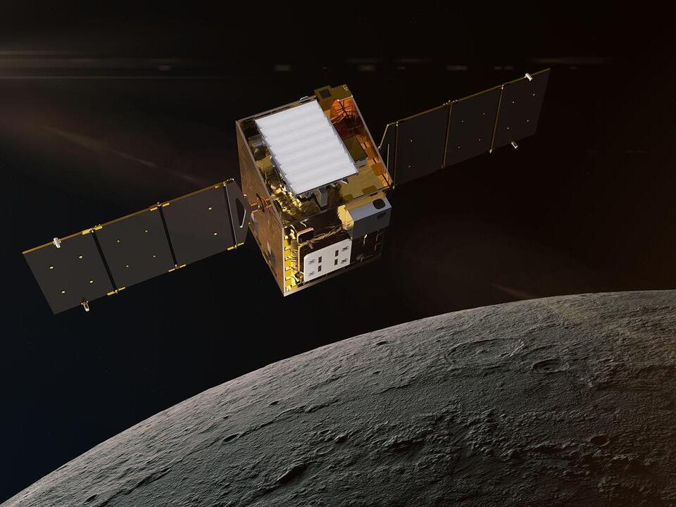 This artist's concept depicts NASA's Lunar Trailblazer in lunar orbit about 60 miles from the surface of the moon. The spacecraft weighs 440 lbs and  is 11.5 feet wide when its solar panels are fully deployed.