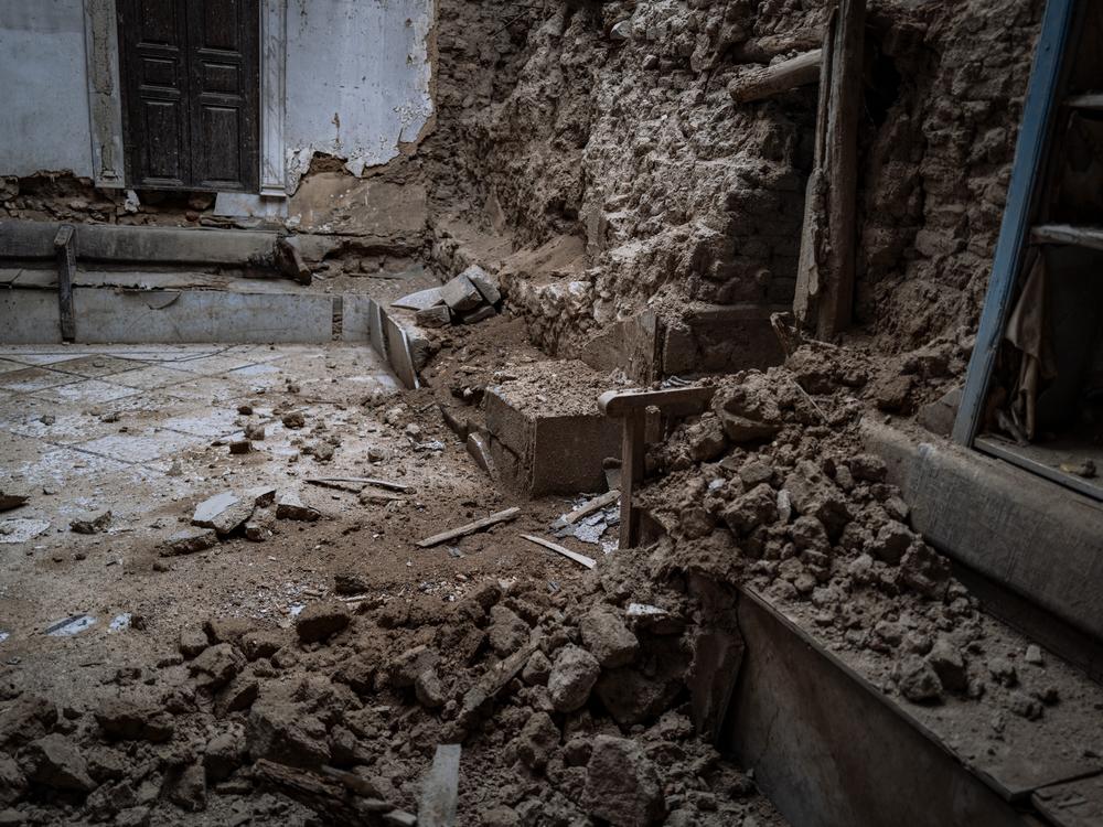Damage inside a historic synagogue complex in Damascus' old Jewish quarter.