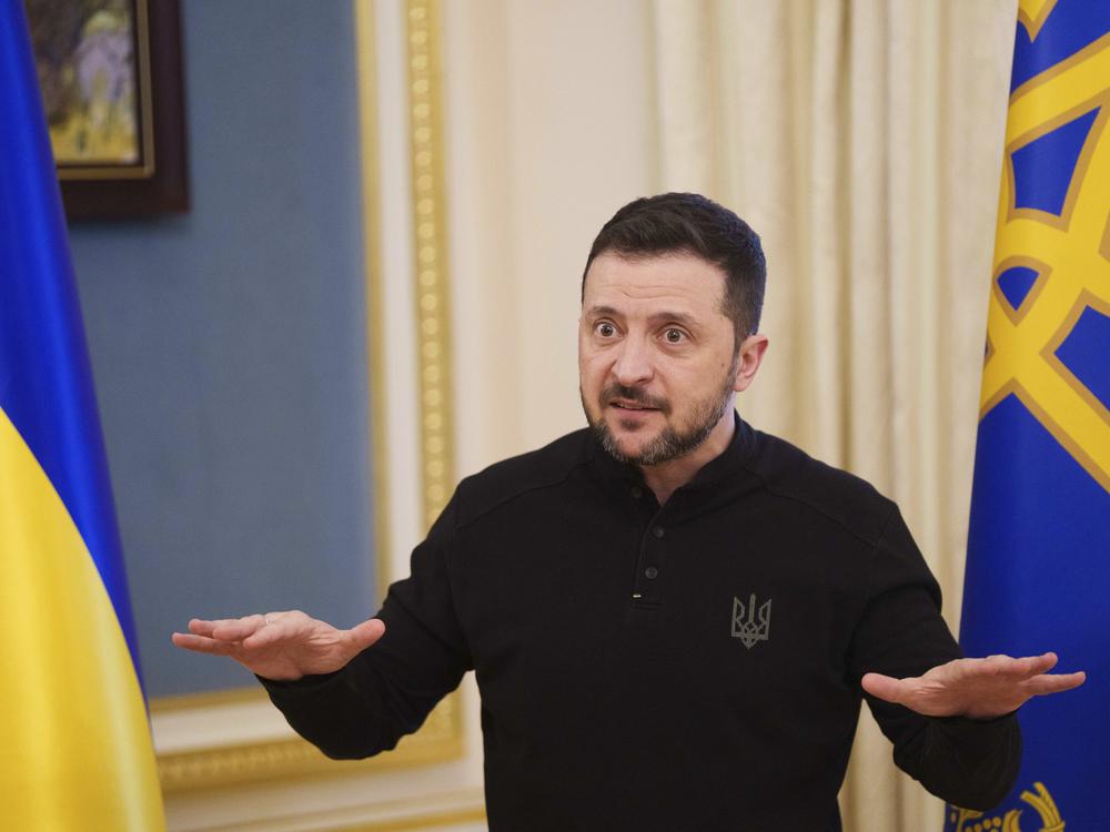 Ukrainian President Volodymyr Zelenskyy speaks to journalists during press conference in Kyiv, Ukraine, Wednesday.