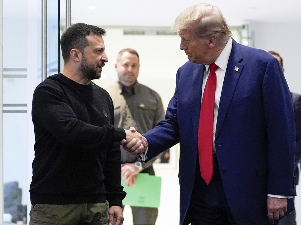 Trump and Ukraine's President Volodymyr Zelenskyy shake hands during their meeting at Trump Tower, Sept. 27, 2024, in New York.