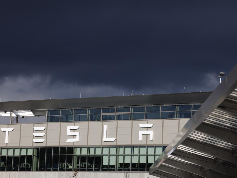 Clouds loom over Tesla's gigafactory near Berlin, in November 2024. Data released this week by a European trade group shows that new Tesla registrations in January 2025 have dropped sharply, compared to January of last year.