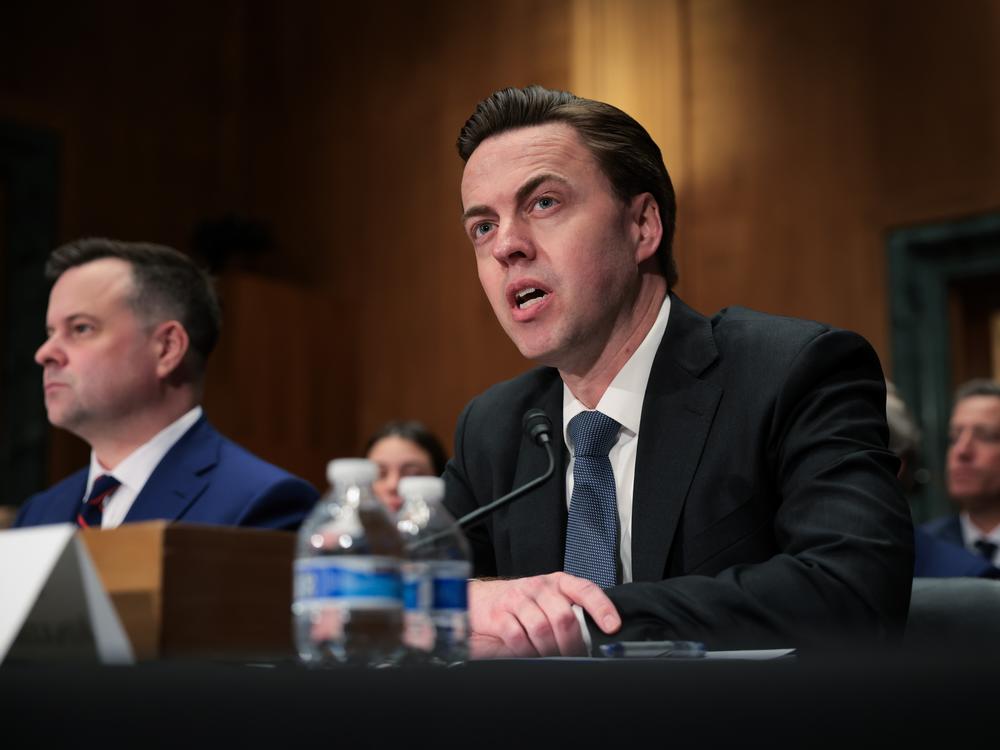 Jonathan McKernan, nominee for Director of the Consumer Financial Protection Bureau, testifies before the Senate Banking Committee on Thursday in Washington, D.C.