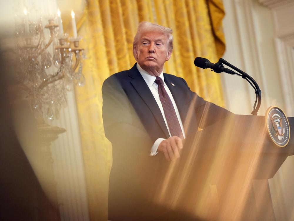 President Trump looks on during a joint press conference with U.K. Prime Minister Keir Starmer in the East Room at the White House on Feb. 27.