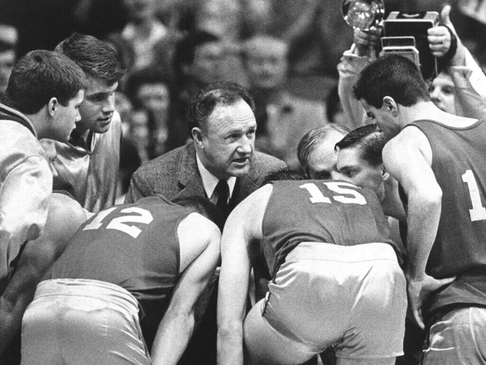 Gene Hackman as coach Norman Dale on the set of 1986's <em>Hoosiers</em>.