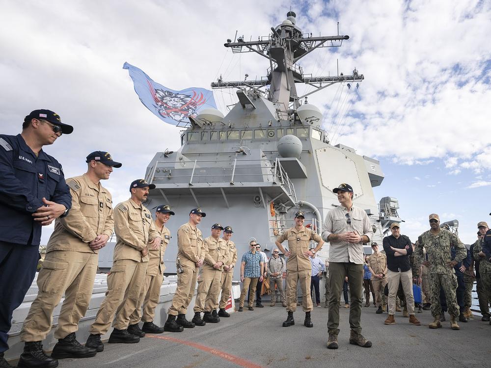 Secretary of Defense Pete Hegseth meets with Sailors assigned to Arleigh Burke-class guided-missile destroyer USS Hudner (DDG 116) during his visit to Naval Station Guantanamo Bay, Cuba, Feb. 25, 2025.