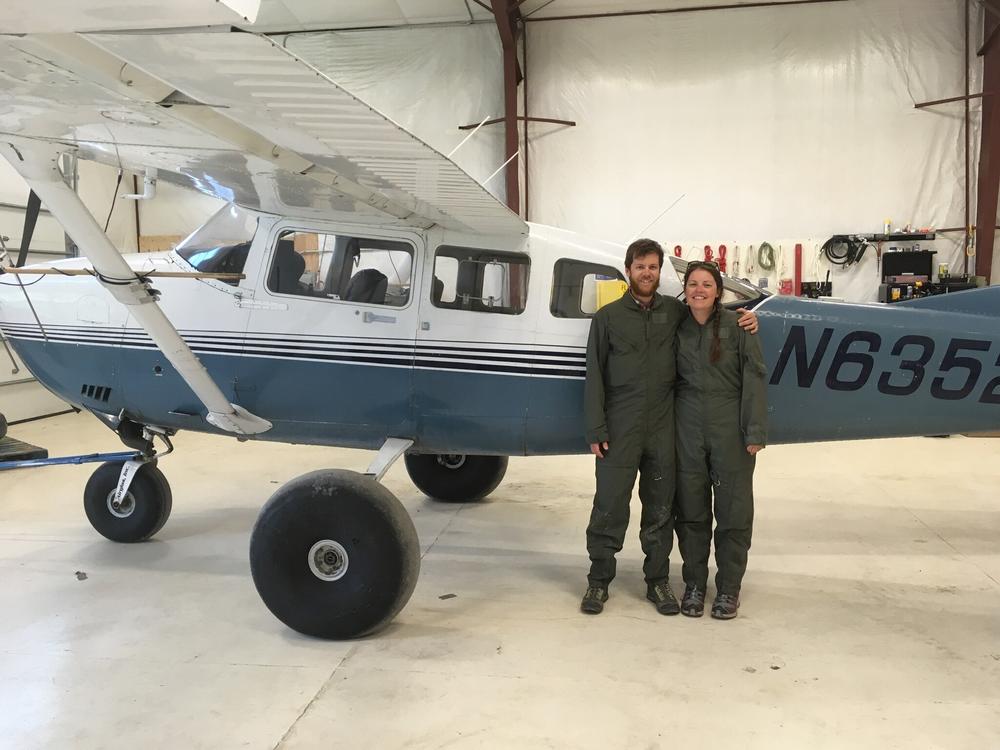 Eileen and James Kramer in 2019 by a National Park Service airplane after an aerial telemetry mission tracking radio collared caribou to estimate population.