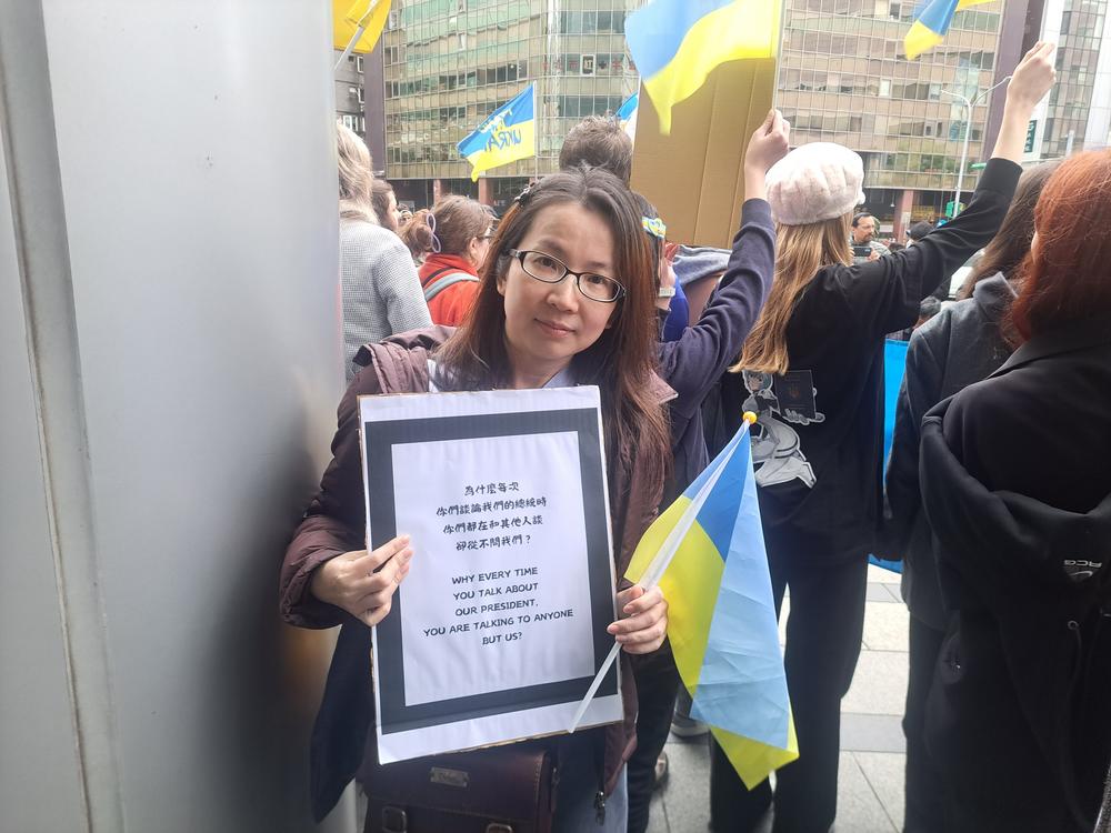 Activist Deng Ruei-yun attends a protest in Taipei, marking three years since Russia launched its full-scale invasion of Ukraine.