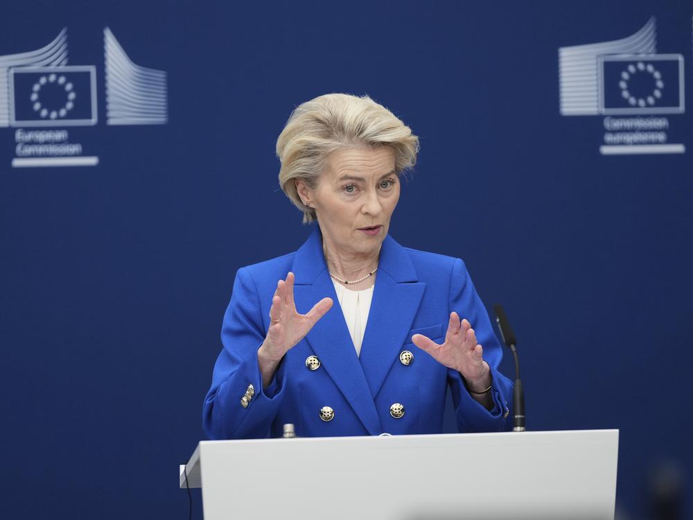 European Commission President Ursula von der Leyen speaks during a media conference on a defense package in Brussels, Tuesday.