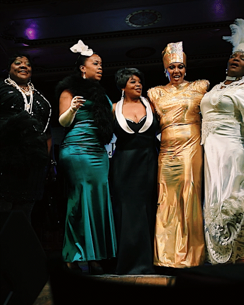 Thornetta Davis as Bessie Smith (from left), Sky Covington as Billie Holiday, Veronique Musique as Nancy Wilson, Lady Vonne as Phyllis Hyman and Lucretia Sain as Lottie 