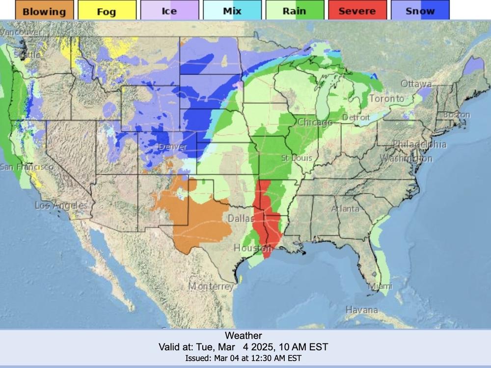 This graphic by the National Weather Service shows forecasted weather conditions across the U.S. for Tuesday, March 4, 2025.