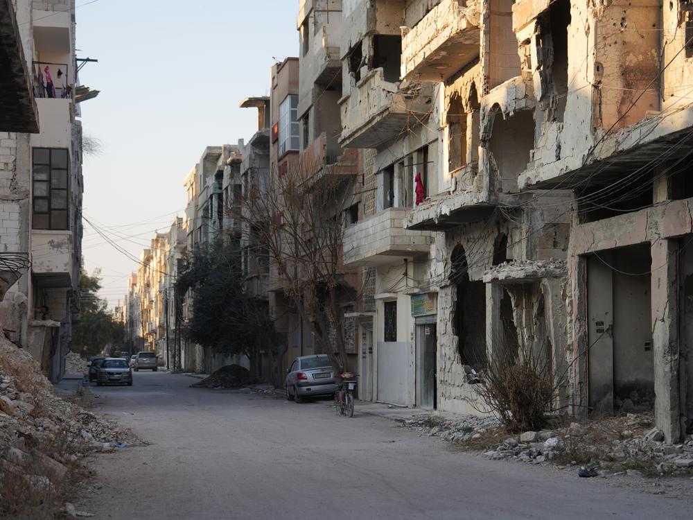 A damaged street in Homs, Syria, on Feb. 1. Much of the city was destroyed during aerial bombardment and urban warfare with regime-aligned forces during Syria's civil war.