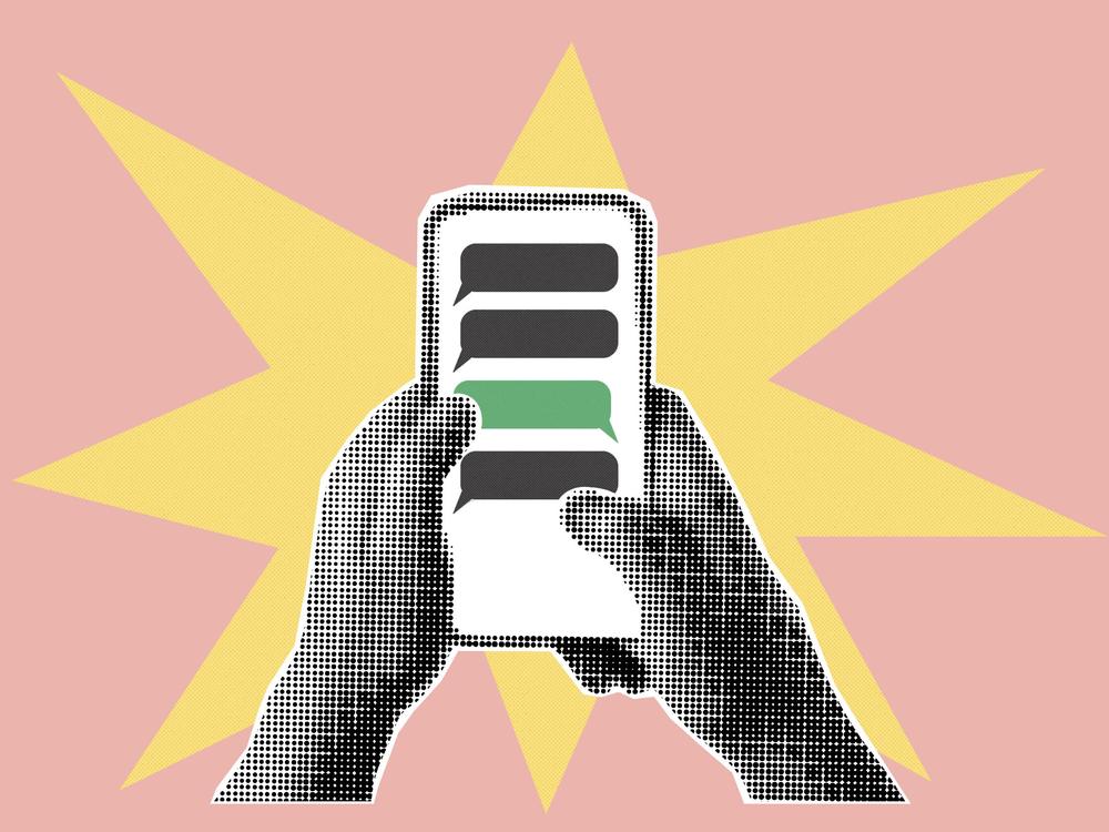 Collage with a pair of hands in halftone style holding a cell phone showing alternating text message bubbles in gray and green. A yellow starburst with a coral background highlights the phone from behind.