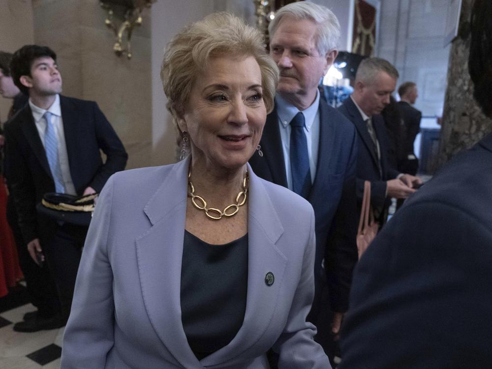 Secretary of Education Linda McMahon leaves the House chamber after President Trump's address to a joint session of Congress at the Capitol in Washington, D.C., on Tuesday.
