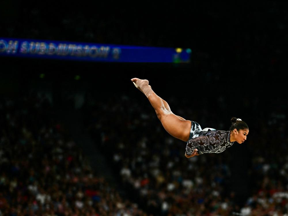 Jordan Chiles competes in the floor exercise event of the artistic gymnastics women's qualification during the Paris 2024 Olympic Games in July 2024.