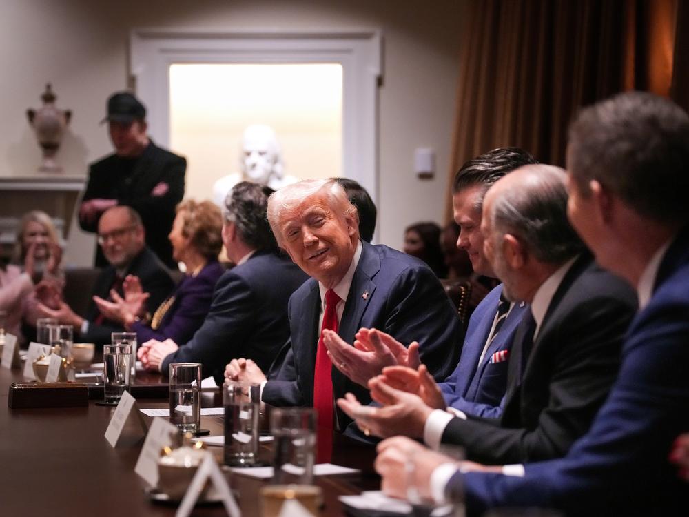 President Trump smiles during a Feb. 26 Cabinet meeting at the White House, with Tesla and SpaceX CEO Elon Musk, who oversees the Department of Government Efficiency, standing in the background. Trump says he wants more federal positions to be politically appointed, but experts say the U.S. already has some 4,000 appointed positions.