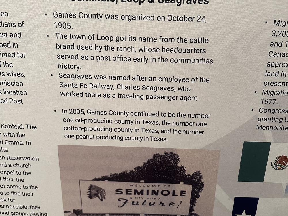 A board at the the West Texas Living Heritage Museum displays historical information about Gaines County in West Texas.