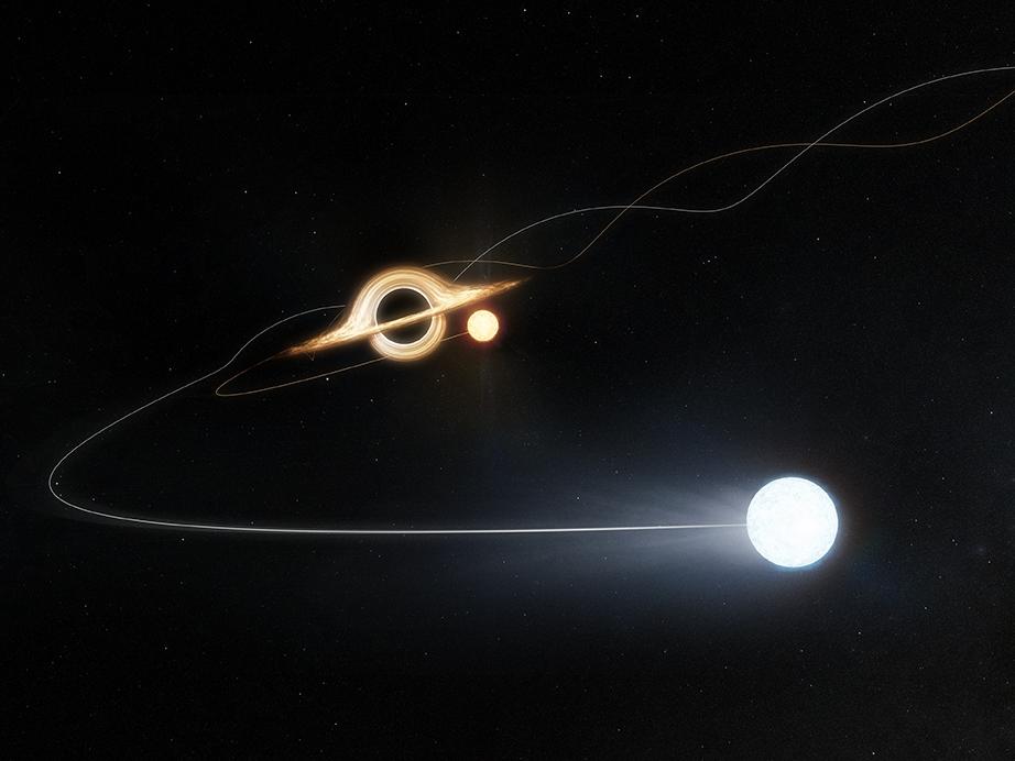 An artists impression of a black hole flinging a hypervelocity star out of the Large Magellanic Cloud.