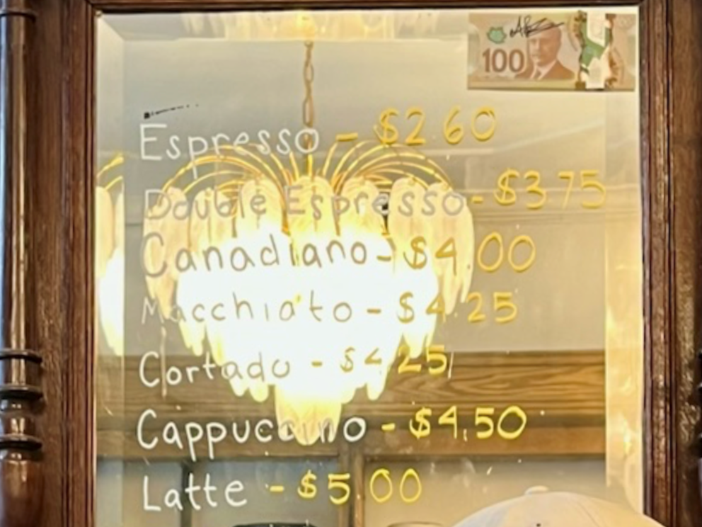 Coffee shop menu in Toronto displaying Canadiano as an option.