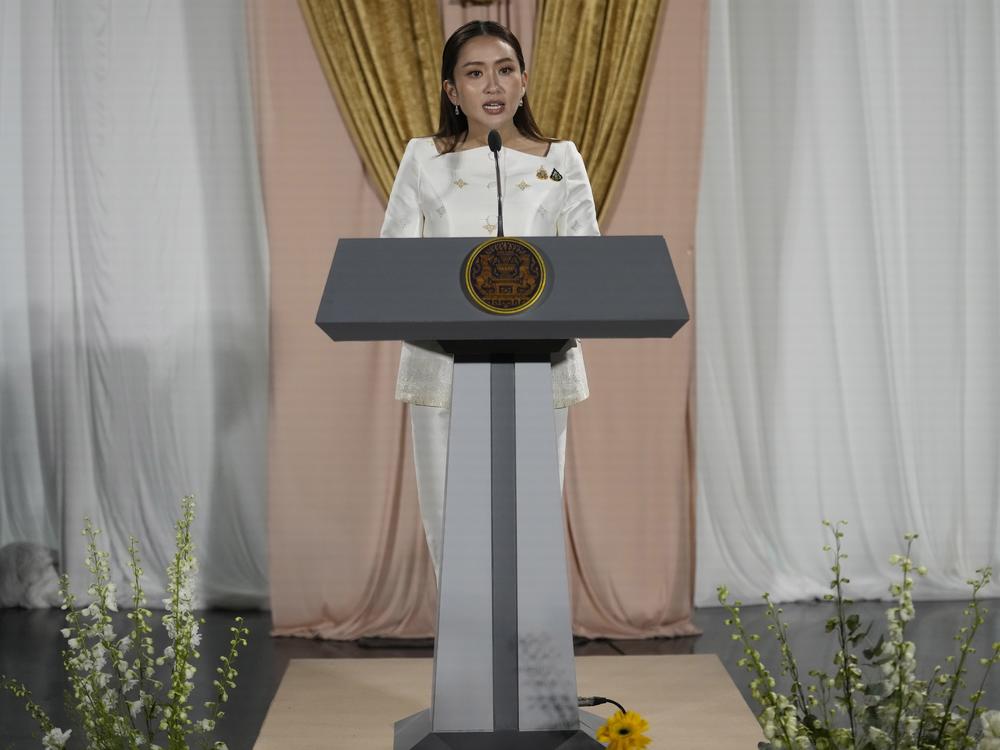 Thailand's new prime minister, Paetongtarn Shinawatra, talks to journalists after receiving a royal letter of endorsement for the post at the Pheu Thai party headquarters in Bangkok, Thailand, Aug. 18, 2024.