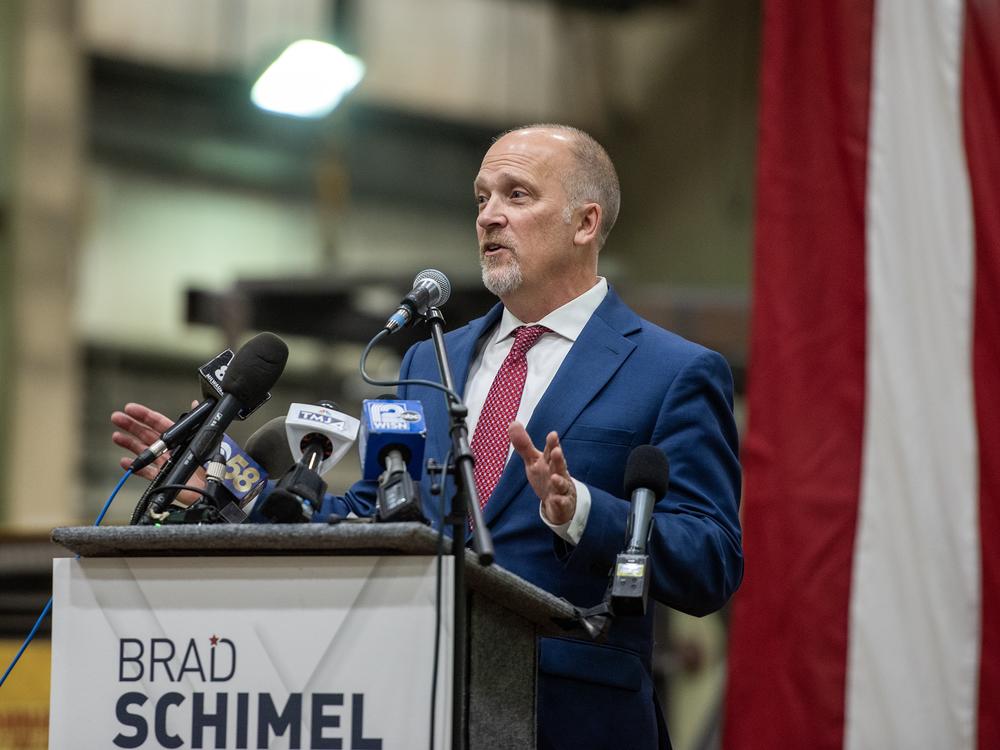 Conservative Wisconsin Supreme Court candidate Brad Schimel at his campaign announcement on Nov. 30, 2023.