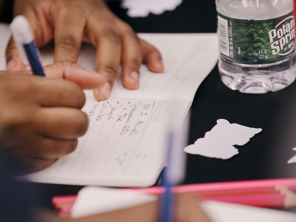 Students take part in a workshop on journaling for mental health at First Corinthian Baptist Church in Harlem, New York City.