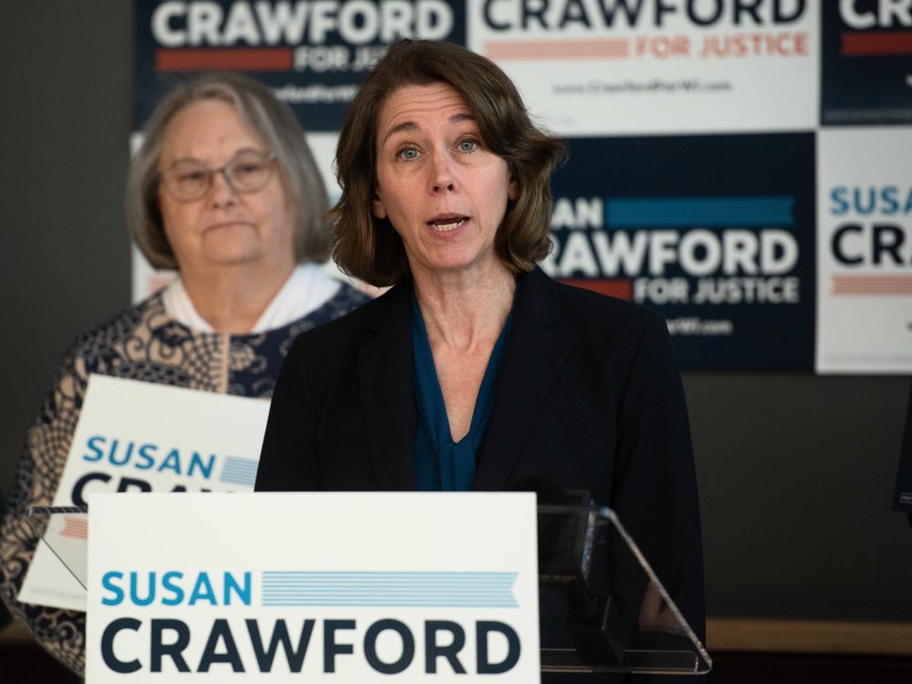Liberal Wisconsin Supreme Court candidate Susan Crawford at a campaign event on Feb. 13, 2025.